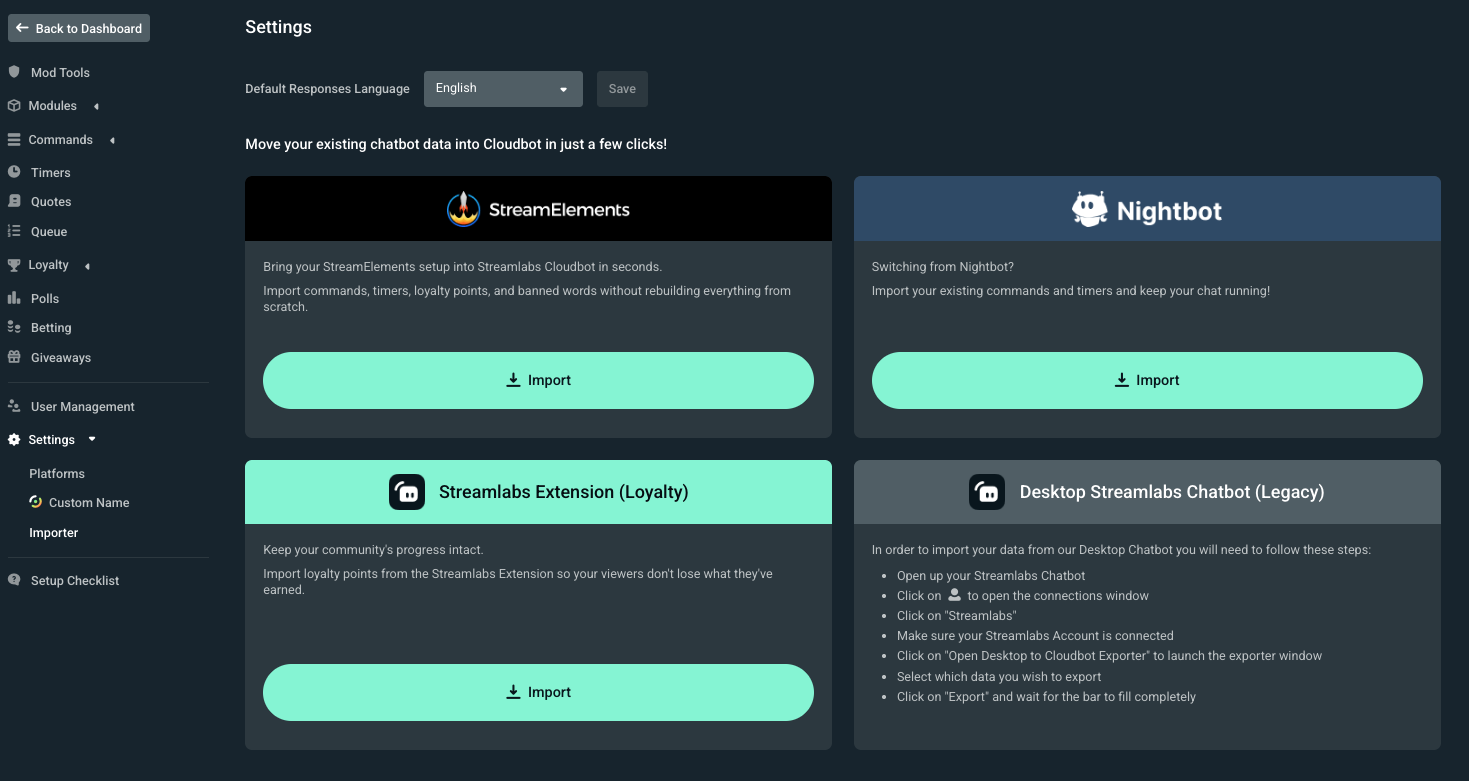Importer settings for Cloudbot